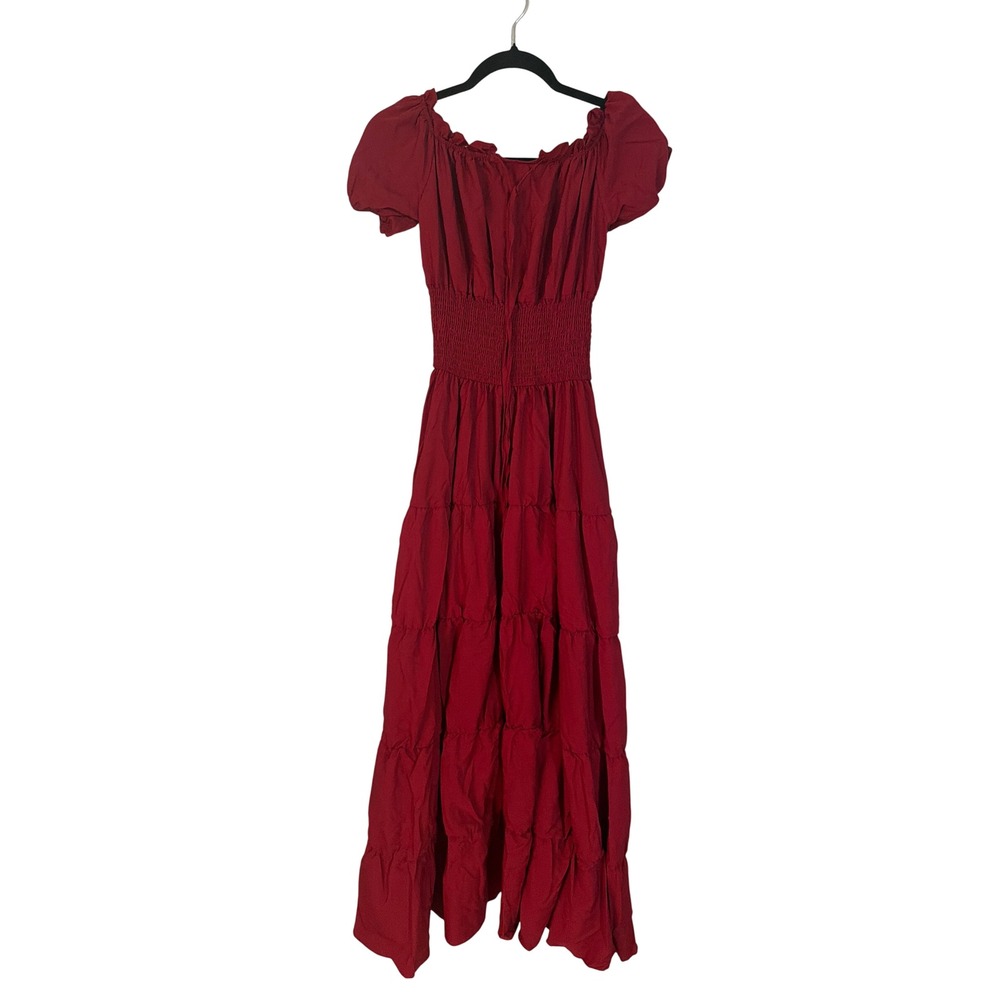 Burgundy Red Off the Shoulder Smocked Waist Tiered Maxi Dress Boho Renaissance